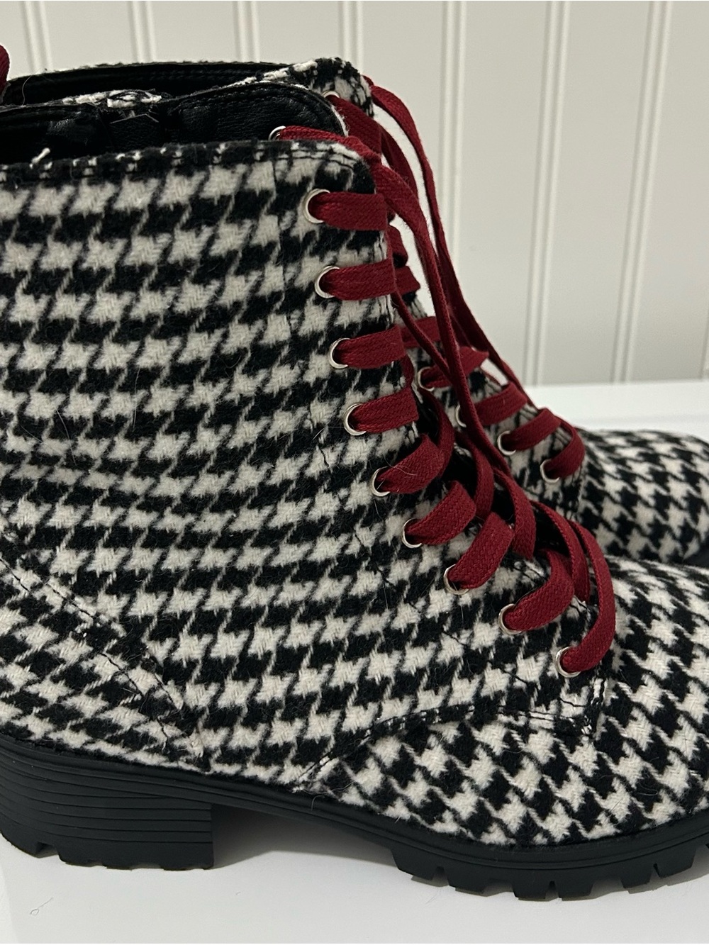 Sugar Houndstooth Combat Boots in Black, White & Red